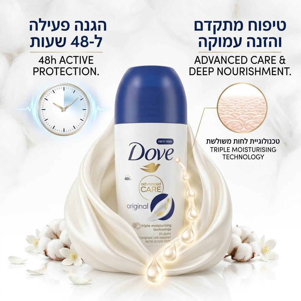 דאב דאודורנט רול-און אוריגינל עם רבע קרם לחות להגנה של 48 שעות 50 מ"ל Dove Original Antiperspirant Roll-On