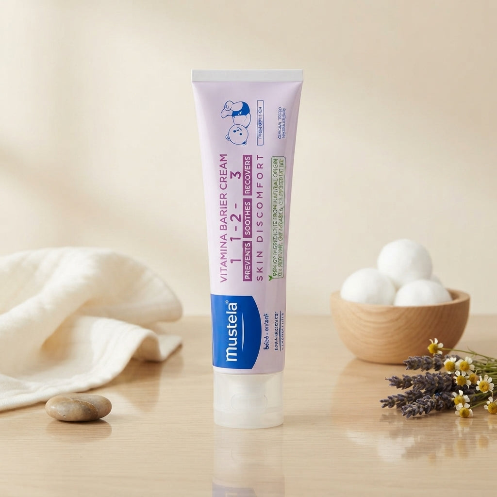 מארז משחת החתלה מוסטלה Mustela Diaper Rash Cream בנפח 100 מ"ל, המעניק אפקט משולש למניעה, הרגעה וטיפול בתפרחת חיתולים, בעיצוב בגווני סגול לילך עדין וכחול רויאל.