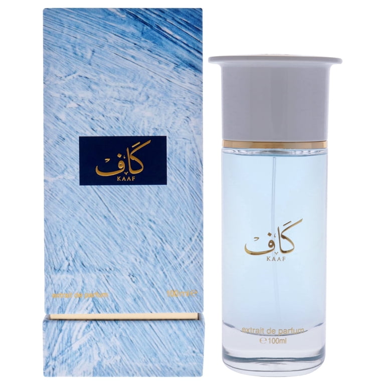 בקבוק בושם מקורי לאיש אחמד אל מגריבי כאף Ahmed Al Maghribi Kaaf Eau de Parfum בנפח 100 מ"ל, הבושם הוויראלי המעניק ניחוח ימי רענן ועמידות פנומנלית, בעיצוב פרימיום בגווני כחול עמוק, תכלת וזהב.