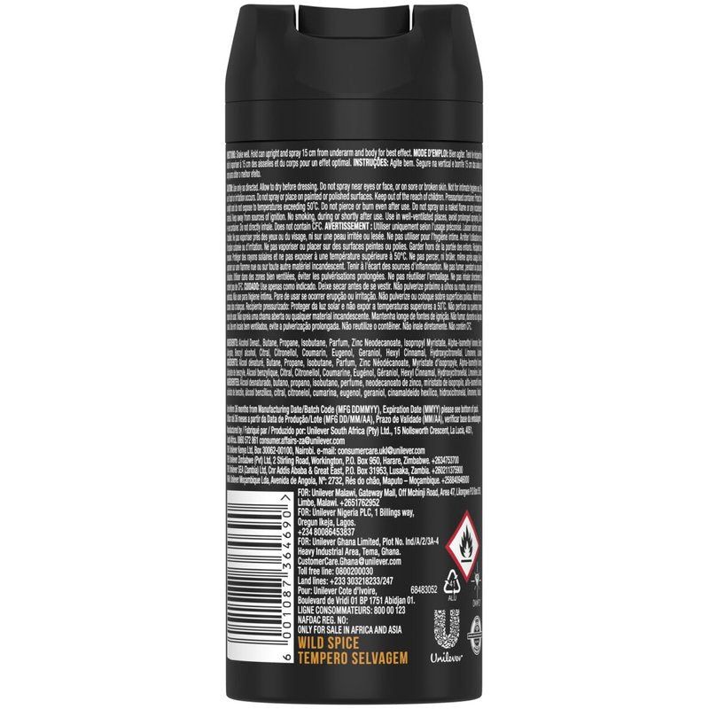 מכל דאודורנט ספריי גוף לגבר Axe Wild Spice להגנה מפני זיעה עד 48 שעות בניחוח עשבי תיבול ועץ ארז מבית אקס בעיצוב שחור מט וירוק 150 מ"ל