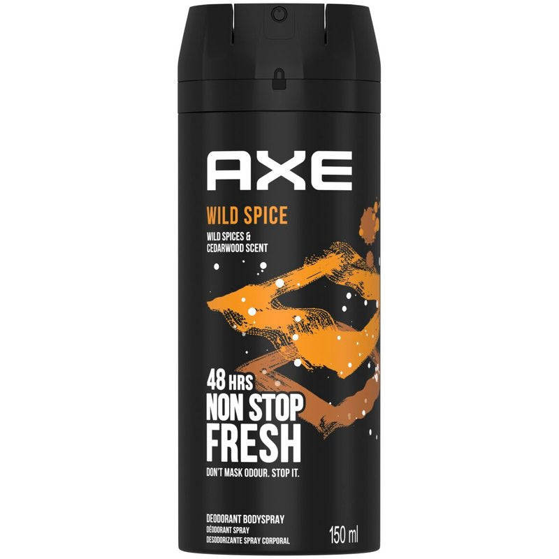 מכל דאודורנט ספריי גוף לגבר Axe Wild Spice להגנה מפני זיעה עד 48 שעות בניחוח עשבי תיבול ועץ ארז מבית אקס בעיצוב שחור מט וירוק 150 מ"ל