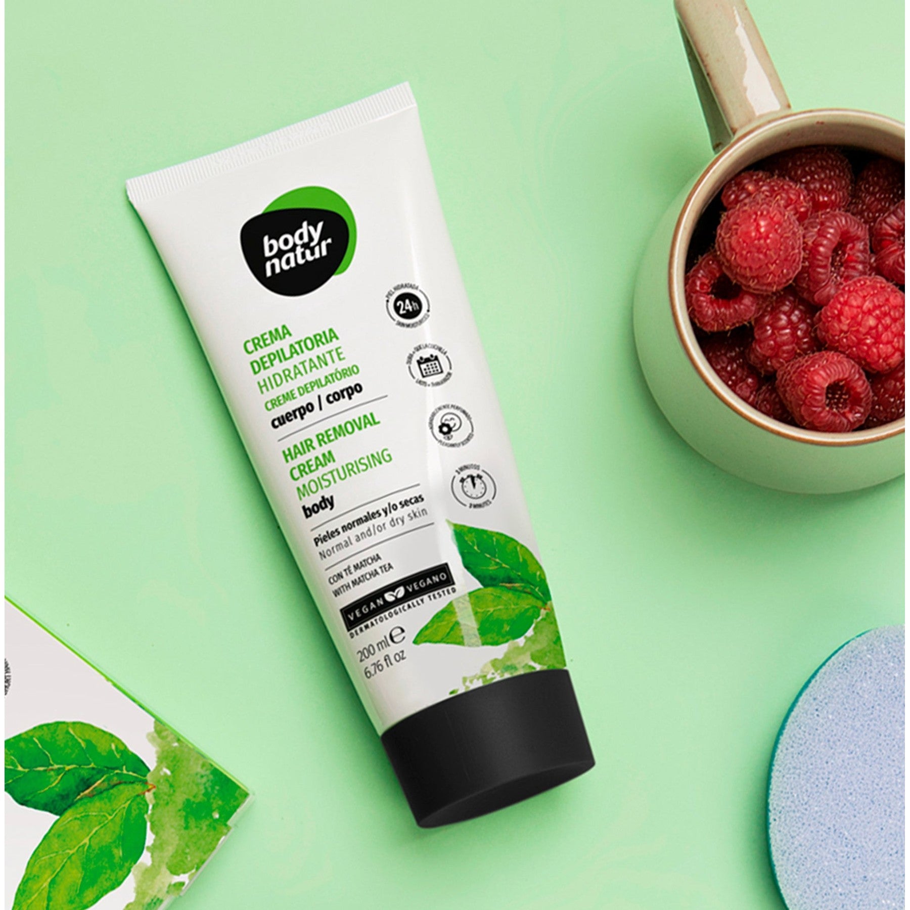 בודי נאטור קרם לחות דפילטור להסרת שיער גוף BODY NATUR MOISTURISING HAIR REMOVAL CREAM | פורמולה טבעונית מועשרת בתה מאצ'ה 200 מ"ל