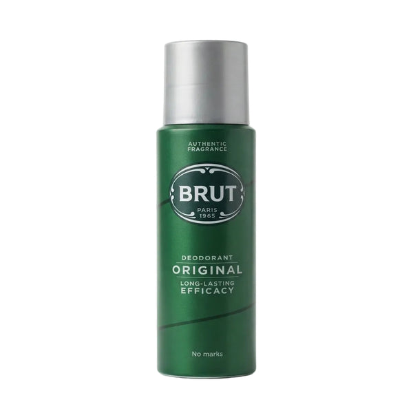 מכל ספריי דאודורנט לגבר ברוט BRUT Deodorant Spray by Fabergé 100ml להגנת רעננות וניטרול ריחות, בעיצוב ירוק בקבוק ואפור כסף