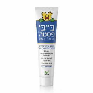 שפופרת משחת החתלה בייבי פסטה Baby Pasta בנפח 120 גרם, המיועדת להגנה ולטיפול בתפרחת חיתולים ושפשופים, בעיצוב בגווני כחול קלאסי וצהוב בייבי.