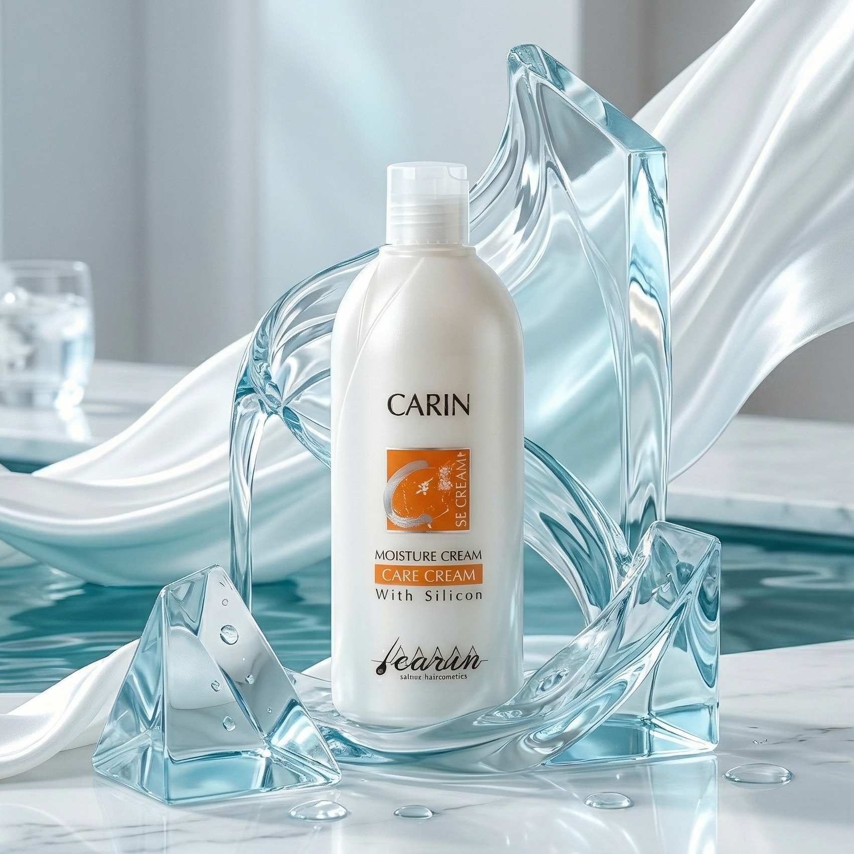 תמונת אווירה שיווקית של קרם הלחות CARIN Moisture Cream Care Cream ניצב על משטח שיש לבן, מוקף באלמנטים מפוסלים של מים זורמים וקריסטלים. בד משי לבן מחליק מאחוריו, מחזיר אור כחול-בהיר עדין. התמונה מדגישה את נושא ה"לחות הקריסטלית" והמגע המלטף של המשי שהמוצר מעניק לשיער. (לחות קריסטלית. משי טהור. | CARIN Haircosmetics)