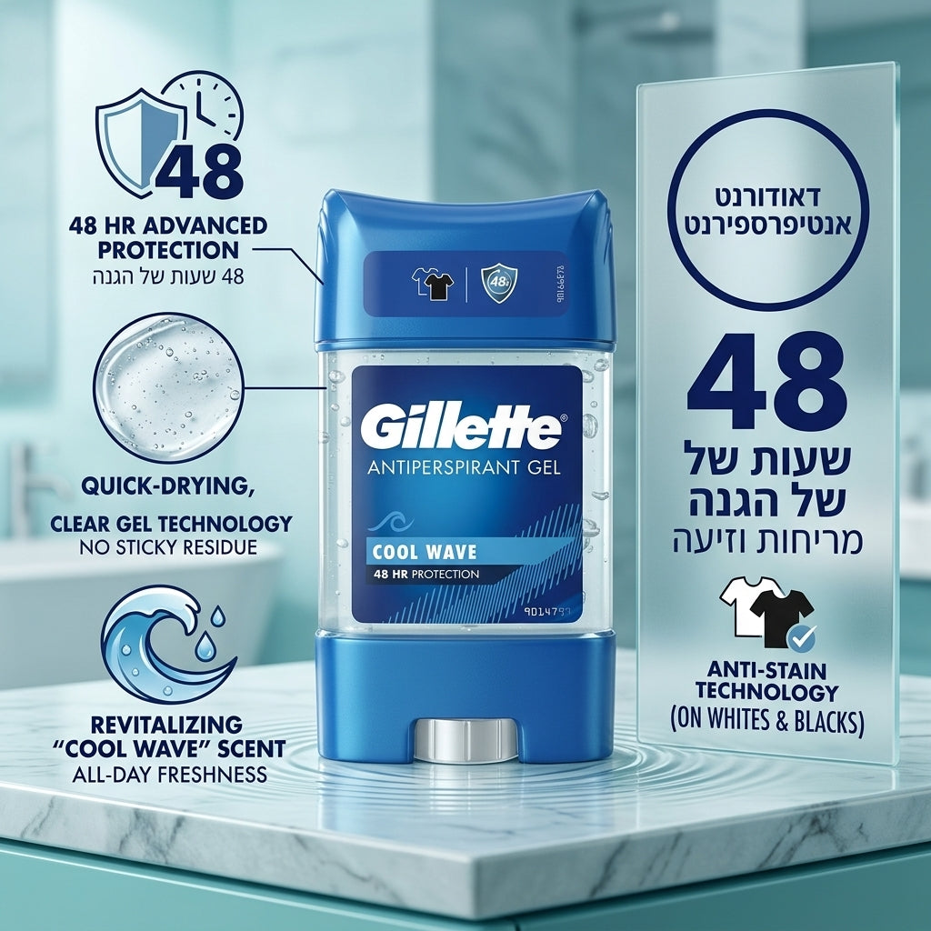 ג'ילט קול וייב דאודורנט אנטי-פרספירנט קליר ג'ל לגבר GILLETTE COOL WAVE CLEAR GEL | הגנה חזקה ורעננות מוגברת 48 שעות 70 מ"ל