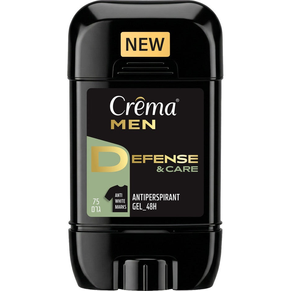 דאודורנט ג'ל אנטיפרספירנט לגבר קרמה מן Crema Men Defense&Care בנפח 75 גרם, המעניק הגנה מזיעה עד 48 שעות ללא כתמים, בעיצוב בגווני ירוק זית, שחור וזהב.