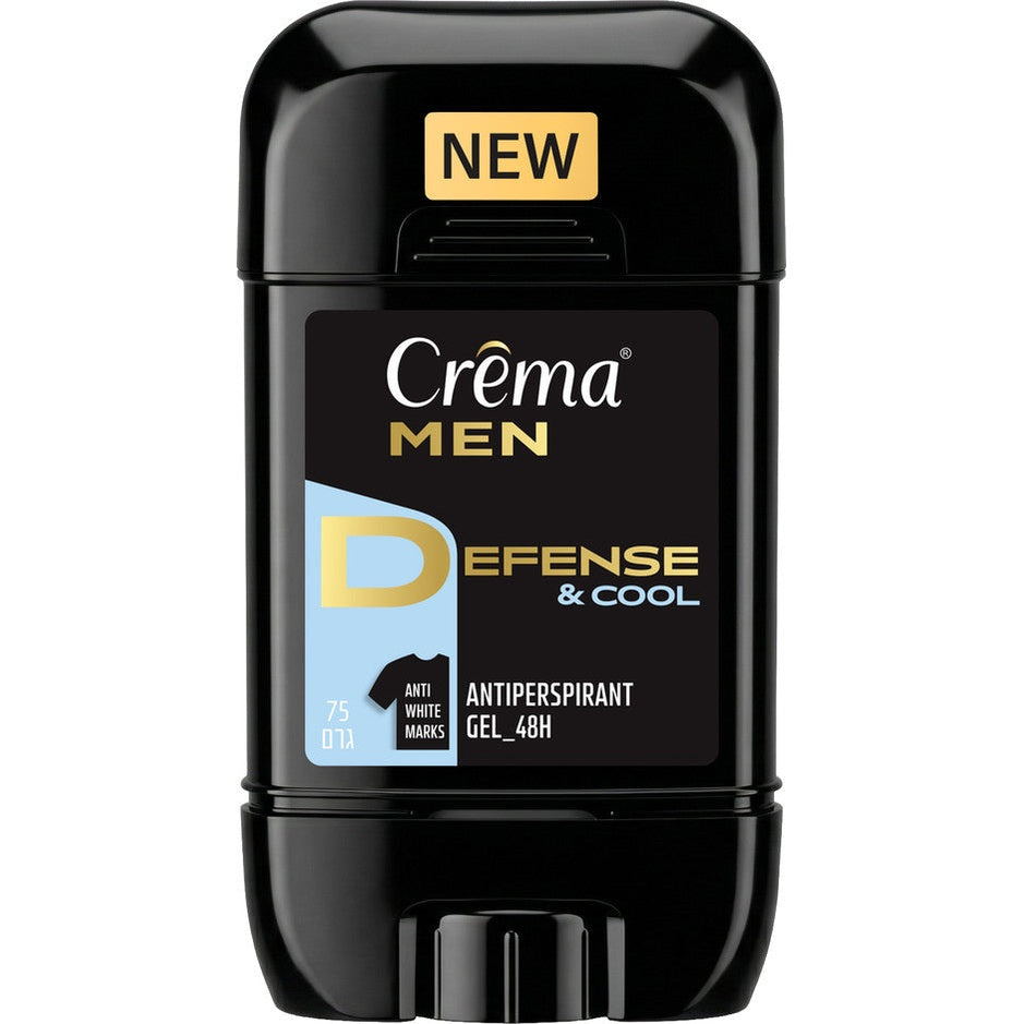 דאודורנט ג'ל אנטיפרספירנט לגבר קרמה מן Crema Men Defense&Cool בנפח 75 גרם, המעניק הגנה מזיעה עד 48 שעות וניחוח מנטה קרירה ללא כתמים, בעיצוב בגווני תכלת, שחור וזהב.