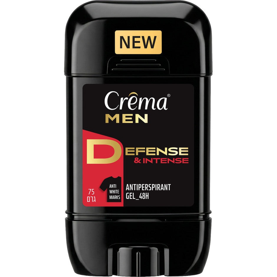 דאודורנט ג'ל אנטיפרספירנט לגבר קרמה מן Crema Men Defense&Intense בנפח 75 גרם, המעניק הגנה מזיעה עד 48 שעות וניחוח תבלין עוצמתי ללא כתמים, בעיצוב בגווני אדום, שחור וזהב.