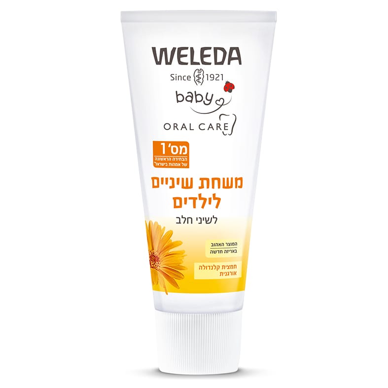 שפופרת משחת שיניים ג'ל לילדים של וולדה בצבעי כתום ולבן, המדגישה את הניקוי הטבעי והבטוח לשיני חלב ללא פלואוריד.