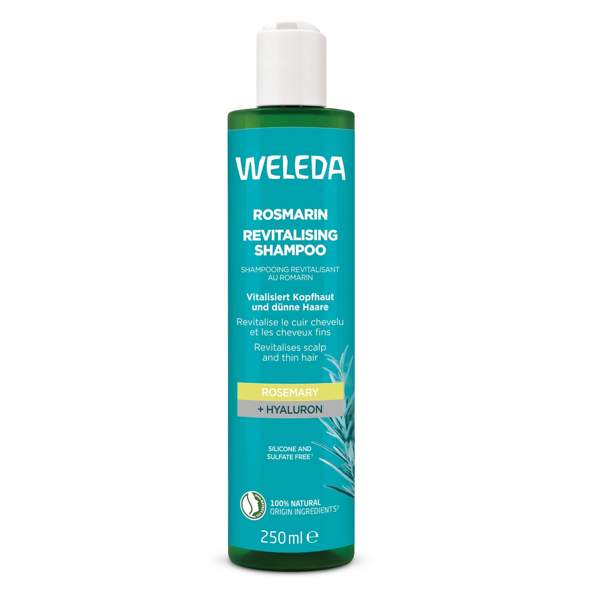 בקבוק שמפו רוזמרין מחייה של וולדה (200 מ"ל) ללא סיליקונים וסולפטים, המכיל חומצה היאלורונית ושמן רוזמרין אורגני להענקת נפח וחיזוק השיער.