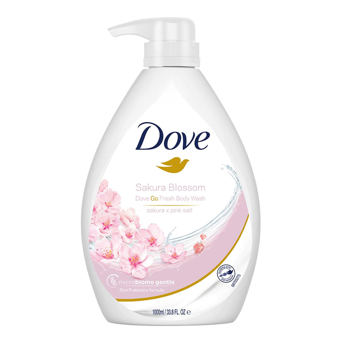 בקבוק תחליב רחצה וסבון גוף דאב Dove Refreshing Sakura Blossom & Himalaya Pink Salt Body Wash בנפח 1 ליטר, המעניק ניקוי ולחות עמוקה עם פרחי סאקורה ומלח הימלאיה ורוד, בעיצוב בגווני ורוד וסגול עדין.