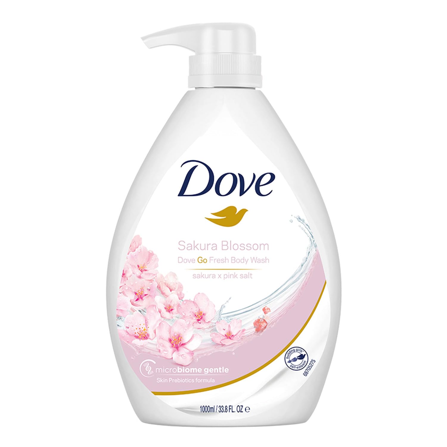 בקבוק תחליב רחצה וסבון גוף דאב Dove Refreshing Sakura Blossom & Himalaya Pink Salt Body Wash בנפח 1 ליטר, המעניק ניקוי ולחות עמוקה עם פרחי סאקורה ומלח הימלאיה ורוד, בעיצוב בגווני ורוד וסגול עדין.
