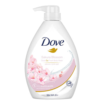 בקבוק תחליב רחצה וסבון גוף דאב Dove Refreshing Sakura Blossom & Himalaya Pink Salt Body Wash בנפח 1 ליטר, המעניק ניקוי ולחות עמוקה עם פרחי סאקורה ומלח הימלאיה ורוד, בעיצוב בגווני ורוד וסגול עדין.