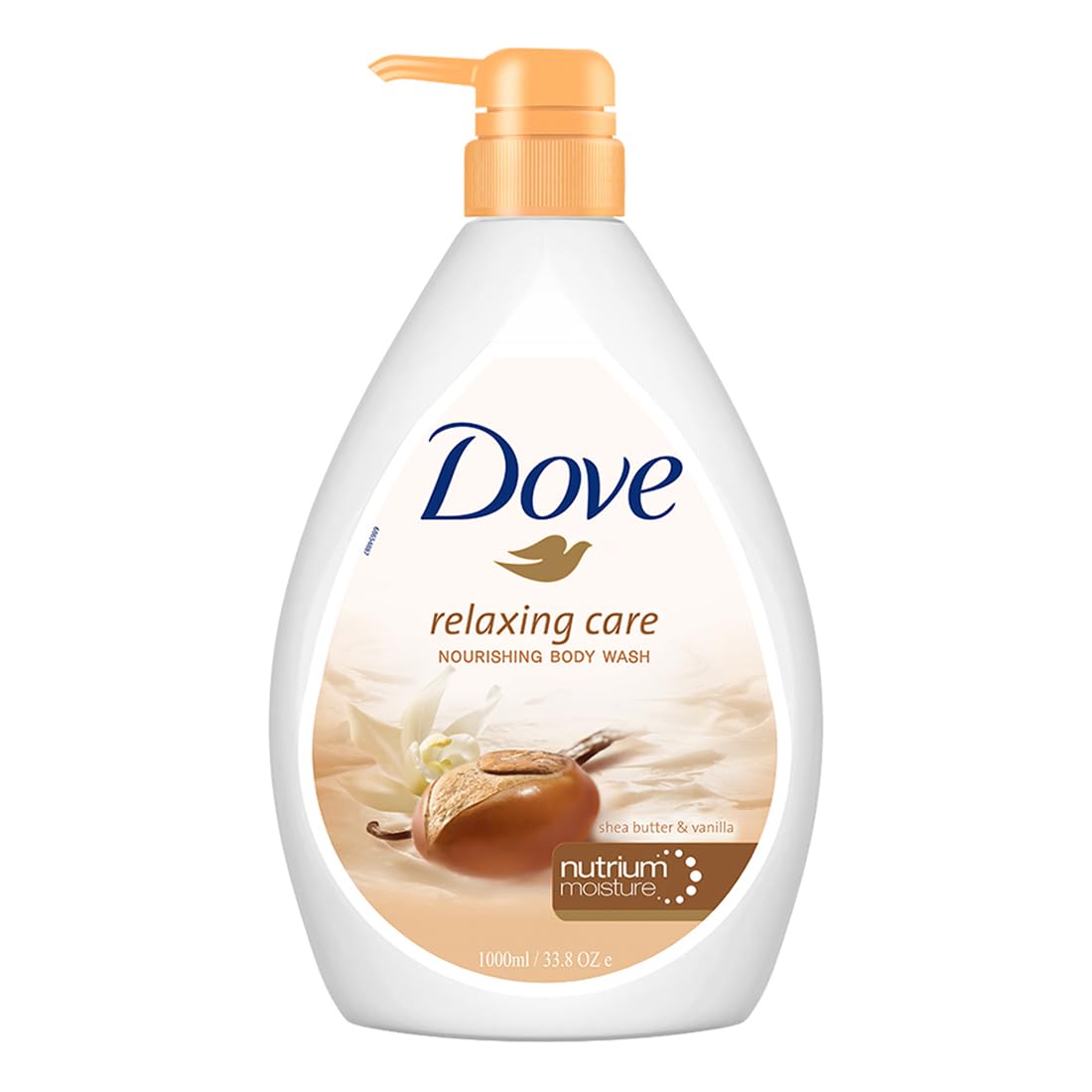 בקבוק תחליב רחצה וסבון גוף דאב Dove Relaxing Shea Butter & Vanilla Body Wash בנפח 1 ליטר, המעניק ניקוי ולחות עמוקה עם חמאת שיאה ווניל, בעיצוב בגווני חום שיאה וזהב וניל.