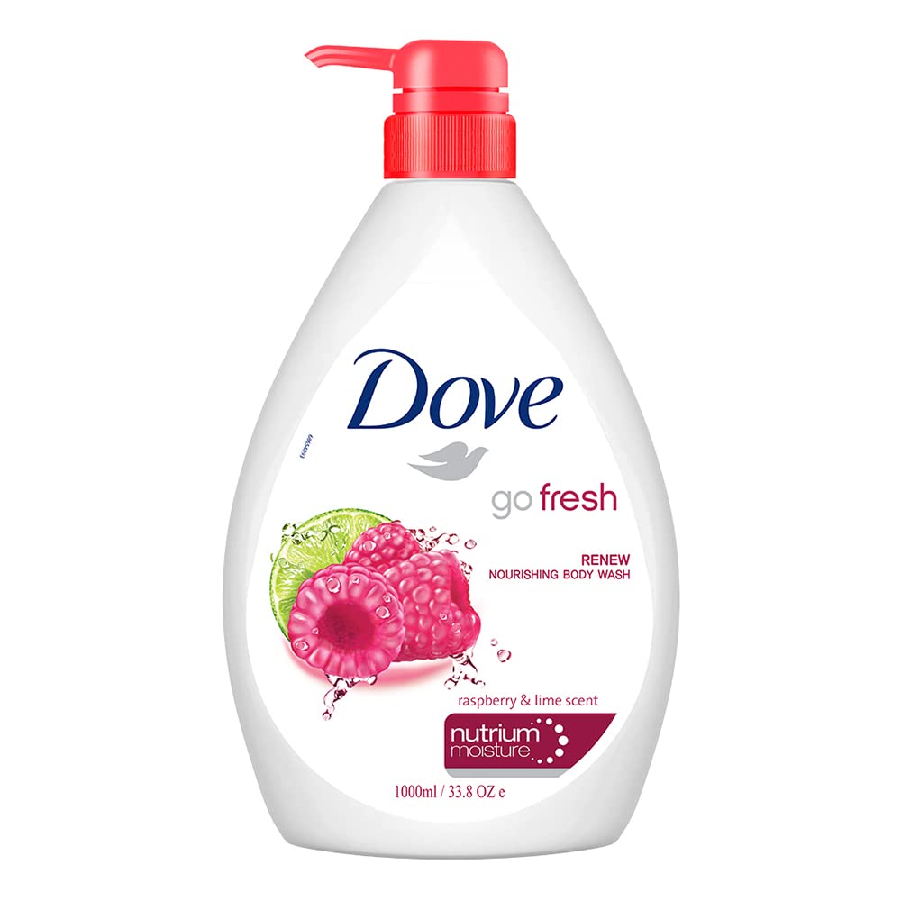 בקבוק תחליב רחצה וסבון גוף דאב Dove Renewing Raspberry & Lime Body Wash בנפח 1 ליטר, המעניק ניקוי ולחות עמוקה עם תמציות פטל וליים, בעיצוב בגווני ורוד כהה וירוק ליים.