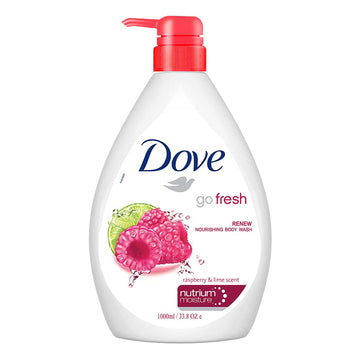 בקבוק תחליב רחצה וסבון גוף דאב Dove Renewing Raspberry & Lime Body Wash בנפח 1 ליטר, המעניק ניקוי ולחות עמוקה עם תמציות פטל וליים, בעיצוב בגווני ורוד כהה וירוק ליים.