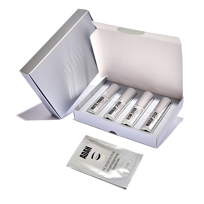 מארז Sculpt & Glow של עדה לזורגן הכולל רביעיית סטיקים לפיסול והארה יחד עם פאטצ' זהב לעיניים