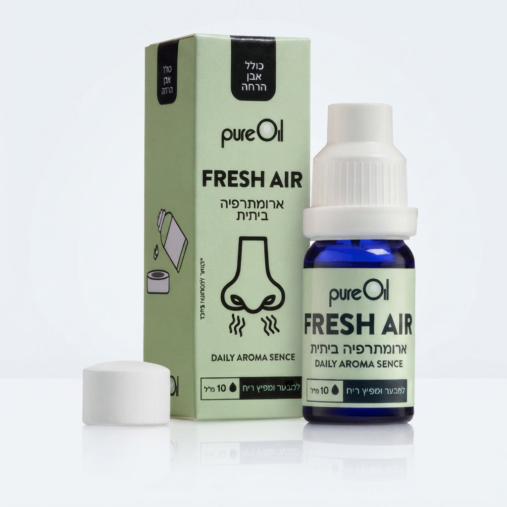 בקבוק תערובת שמנים אתריים FRESH AIR ארומתרפיה ביתית פיור אויל Pure Oil בנפח 10 מ"ל כולל אבן הרחה, לפתיחת דרכי הנשימה והקלה בגודש, בעיצוב בגווני ירוק בהיר וכחול.