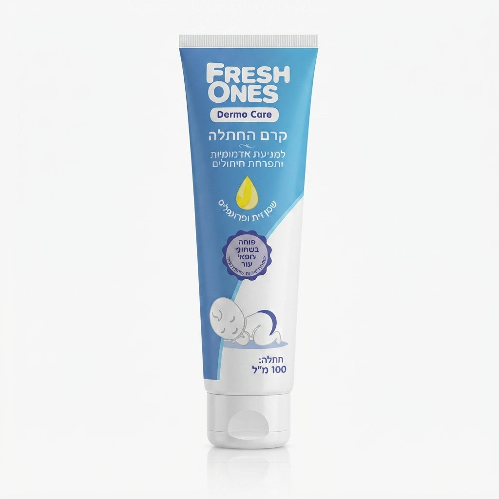 שפופרת קרם החתלה פרש וואנס FRESH ONES בנפח 100 סמ"ק, להקלה מיידית ולהגנה כפולה עם קלנדולה וקמומיל, בעיצוב בגווני ירוק מרענן וכחול.