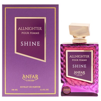 בקבוק בושם יוקרתי Anfar All Nighter Shine לאישה בעיצוב סגול אצילי וזהב, המקרין נשיות זוהרת, אנרגיה לילית וסטייל של בישום נישה ערבי עילית