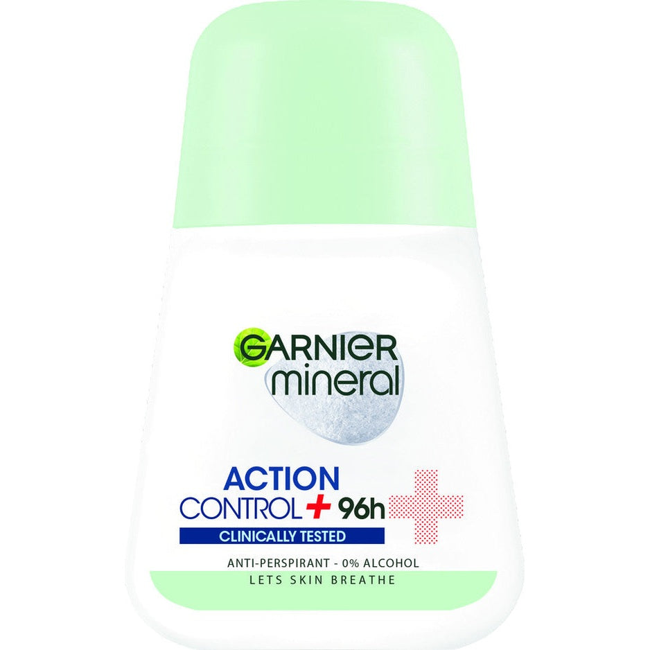 דאודורנט רול-און לנשים Garnier Mineral Action Control 96H בנפח 50 מ"ל בעיצוב ירוק-תכלת רפואי על רקע ממותג של Cosmetix.