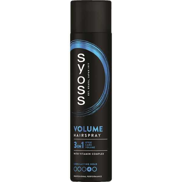 מכל ספריי לשיער סאיוס ווליום ליפט Syoss Volume Lift Hairspray לקיבוע, הרמת נפח אקסטרים ואפקט אנטי-שטוח מהשורש עד 48 שעות, להגנה מפני לחות וקרינת UV בעיצוב כחול זוהר ושחור 400 מ"ל