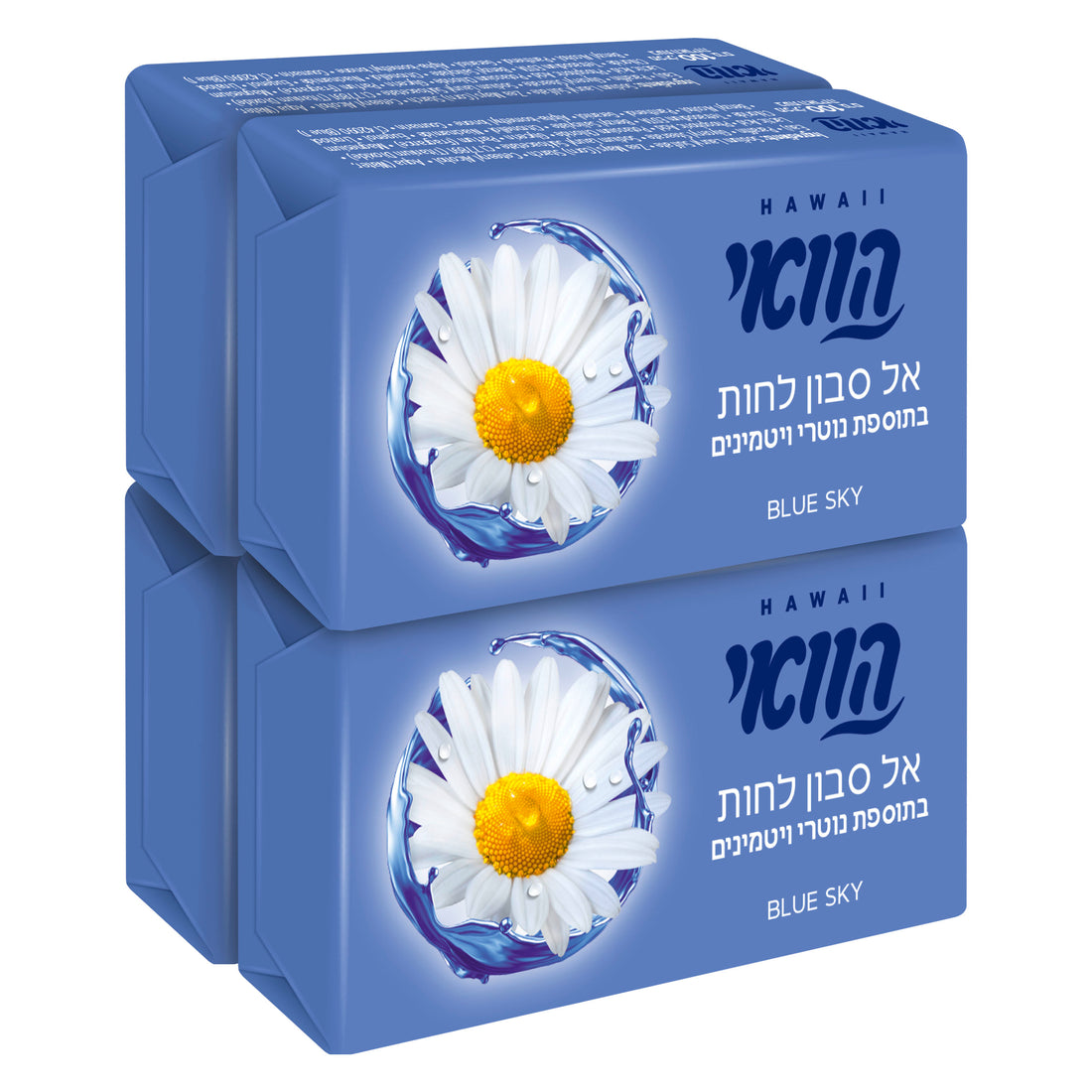 מארז רביעייה סבון מוצק הוואי בניחוח שמיים כחולים Hawaii Blue Sky Bar Soap בתוספת נוטרי ויטמינים בגוון כחול וצהוב, מיועד לניקוי עדין, רעננות מוגברת ומניעת יובש, מעוצב בצבעי שחור, לבן ואפור כהה.