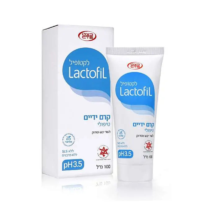 שפופרת לקטופיל קרם ידיים טיפולי Lactofil Hand Cream בנפח 100 מ"ל, המיועד לשיקום מחסום העור לעור יבש, סדוק ומגורה עם pH 3.5, מועשר בחומצה לקטית, פנטנול וסיקה, מעוצב בצבעי תכלת ולבן דרמטולוגיים.