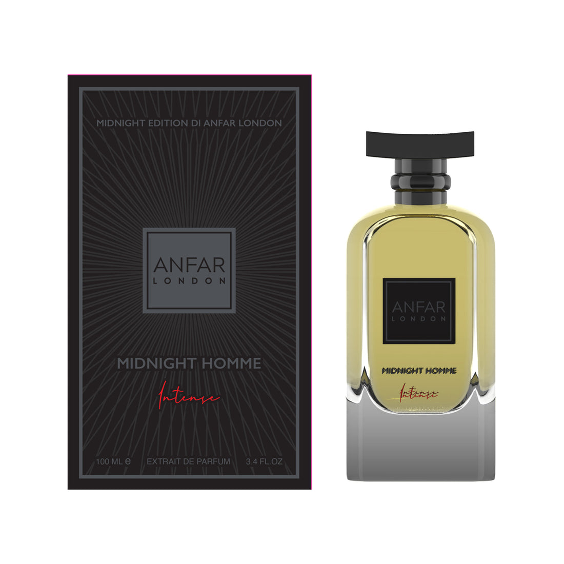 בקבוק בושם יוקרתי Anfar London Midnight Homme Intense בעיצוב כחול לילה אצילי וזהב, המקרין עוצמה גברית, מסתורין לילי וסטייל של בישום נישה ערבי עילית