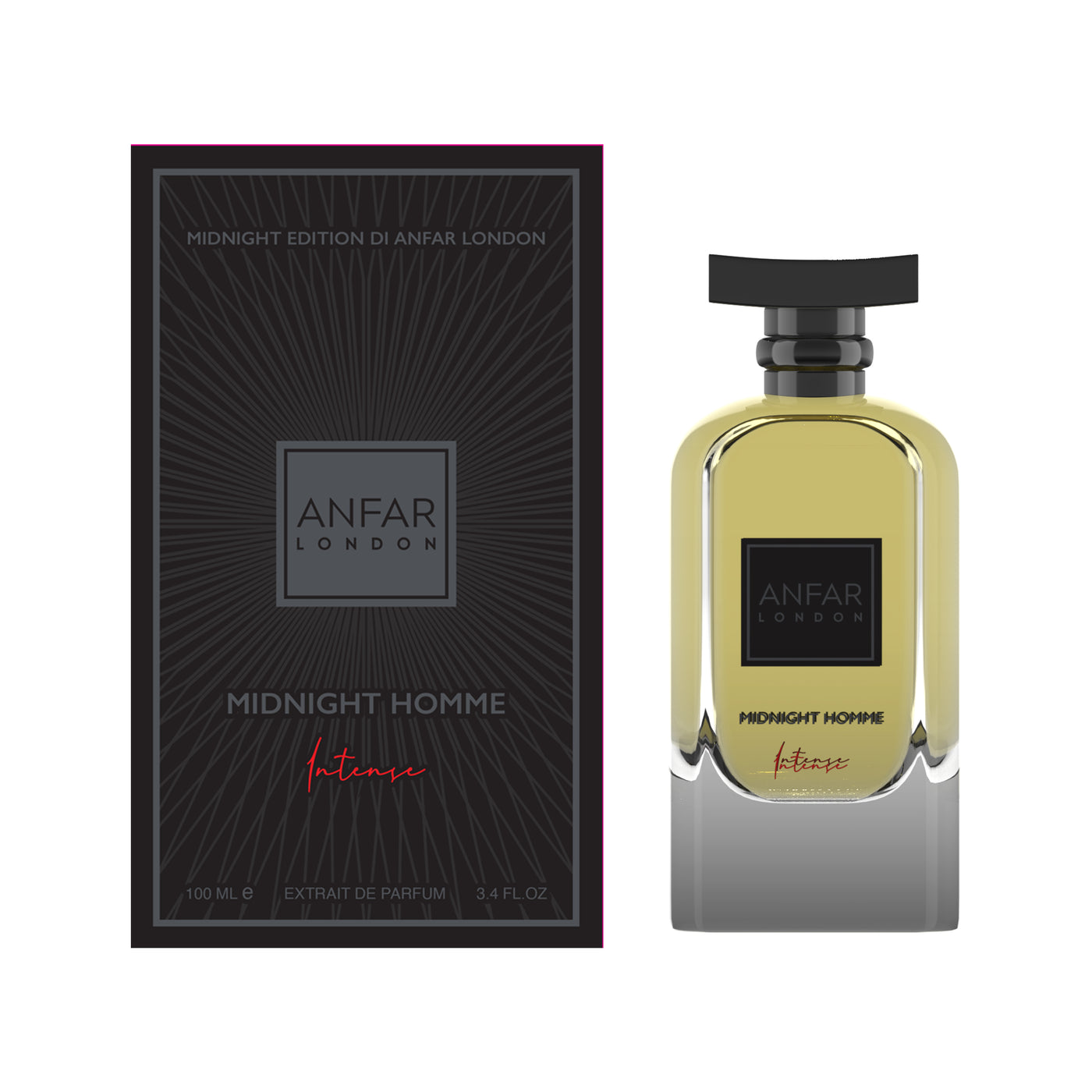 בקבוק בושם יוקרתי Anfar London Midnight Homme Intense בעיצוב כחול לילה אצילי וזהב, המקרין עוצמה גברית, מסתורין לילי וסטייל של בישום נישה ערבי עילית
