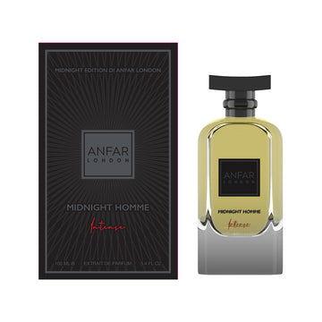 בקבוק בושם יוקרתי Anfar London Midnight Homme Intense בעיצוב כחול לילה אצילי וזהב, המקרין עוצמה גברית, מסתורין לילי וסטייל של בישום נישה ערבי עילית