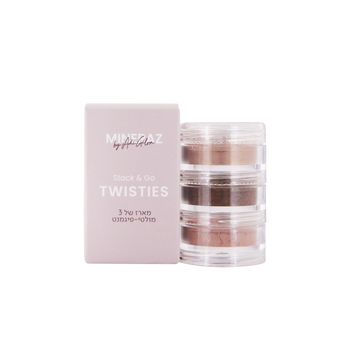 שלישיית פיגמנטים מינרליים Stack & Go של מינרז MINERAZ באריזה מתברגת רב שימושית איפור כשר לשבת