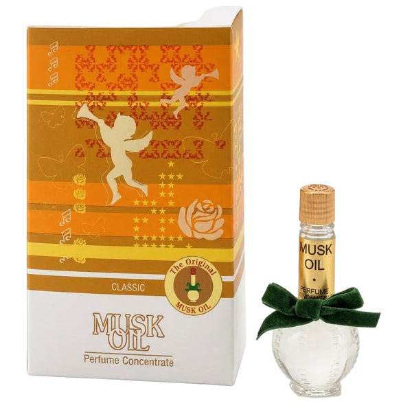 תמצית בושם שמן מרוכזת ואותנטית Musk Oil Classic מאסק אויל קלאסיק לאישה מבית S.M אס.אמ לצד האריזה המקורית בעיצוב זהב חום 15 מ"ל