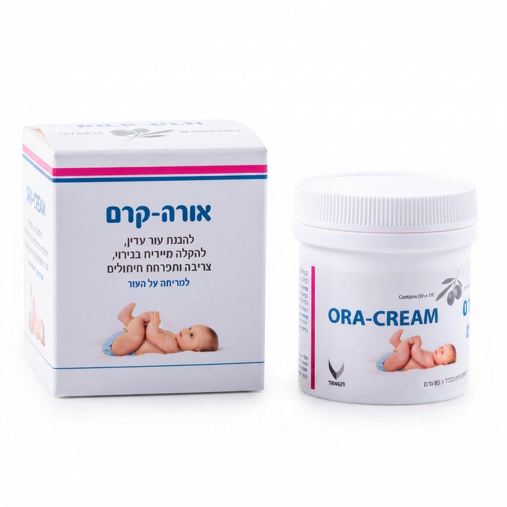 שפופרת אורה קרם משחה לתפרחת חיתולים Ora Cream בנפח 85 גרם לטיפול ומניעה מגיל לידה, בעיצוב בגווני ורוד יין וכחול.
