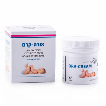 שפופרת אורה קרם משחה לתפרחת חיתולים Ora Cream בנפח 85 גרם לטיפול ומניעה מגיל לידה, בעיצוב בגווני ורוד יין וכחול.