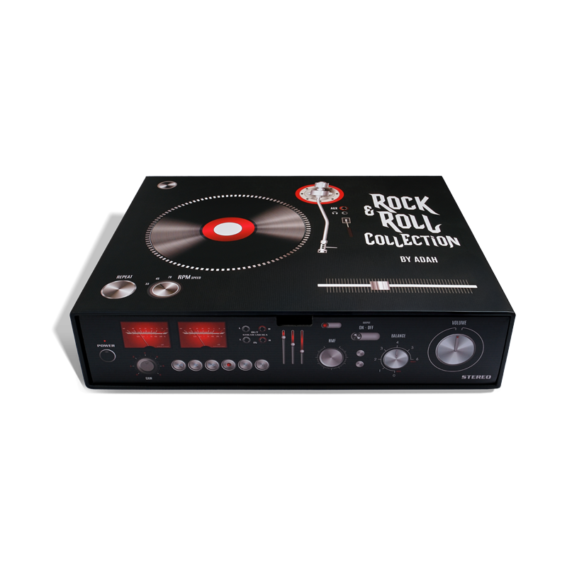 מארז ROCK&ROLL BOX של עדה לזורגן בקופסה מעוצבת בצורת פטיפון הכוללת את כל מוצרי הקולקציה