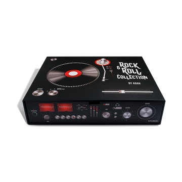 מארז ROCK&ROLL BOX של עדה לזורגן בקופסה מעוצבת בצורת פטיפון הכוללת את כל מוצרי הקולקציה