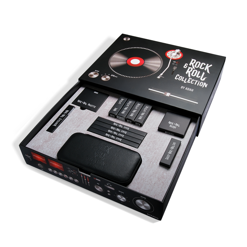 מארז ROCK&ROLL BOX של עדה לזורגן בקופסה מעוצבת בצורת פטיפון הכוללת את כל מוצרי הקולקציה