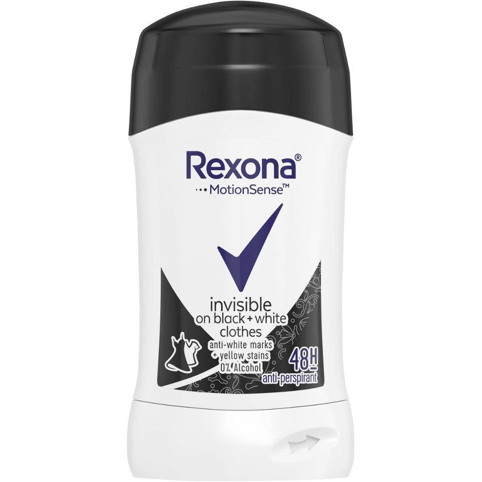 רקסונה דאודורנט סטיק אינוויזיבל בלאק אנד ווייט לאישה למניעת סימנים על בגדים עם טכנולוגיית מושן סנס 50 גרם Rexona Invisible Stick