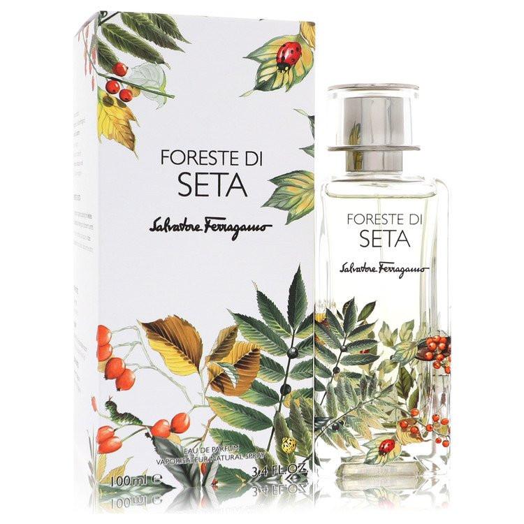 בושם סלוואטורה פרגאמו Foreste di Seta מסדרת Storie di Seta - או דה פארפם יוניסקס בבקבוק מאויר המקרין רעננות של יער ירוק, מרווה ארומטית ועידון משי.