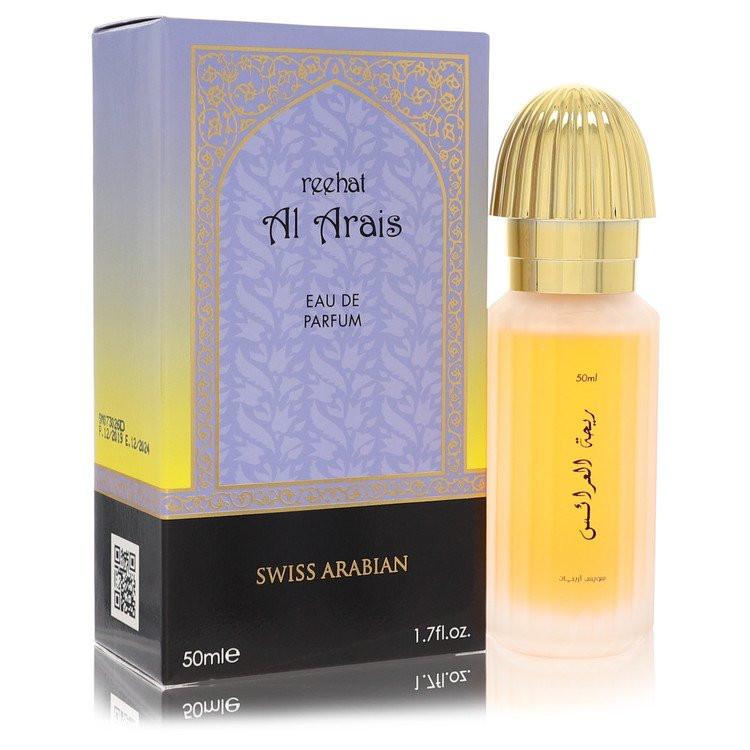 בושם Swiss Arabian Reehat Al Arais לאישה - או דה פארפם בבקבוק זהב ופנינה יוקרתי המקרין נשיות חגיגית של ורדים, יסמין ומושק.