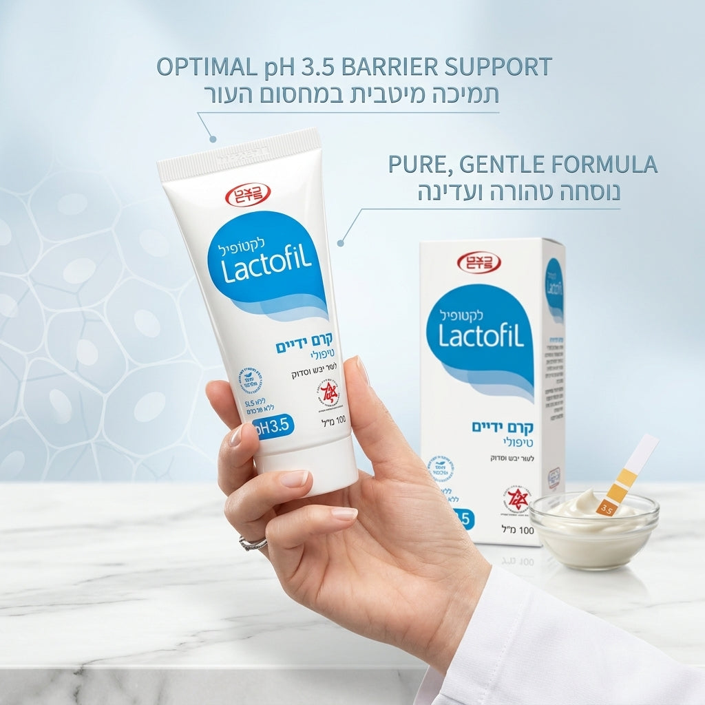 שפופרת לקטופיל קרם ידיים טיפולי Lactofil Hand Cream בנפח 100 מ"ל, המיועד לשיקום מחסום העור לעור יבש, סדוק ומגורה עם pH 3.5, מועשר בחומצה לקטית, פנטנול וסיקה, מעוצב בצבעי תכלת ולבן דרמטולוגיים.