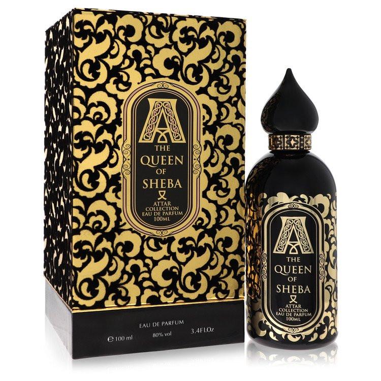 בקבוק בושם The Queen of Sheba של Attar Collection בעיצוב שחור ומוזהב מפואר, המקרין עוצמה של אפרסק וטבק, תחכום של ורד אדום וניחוח ענבר עמוק ועמיד לאישה.