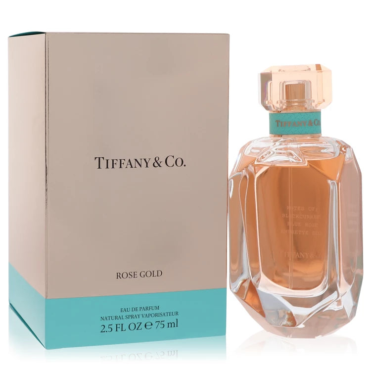 בושם Tiffany Rose Gold לאישה מבית Tiffany & Co - או דה פארפם פירותי-פרחוני בבקבוק קריסטל ורוד-זהב מרהיב, בניחוח דומדמניות שחורות, ורד כחול ואמבר.