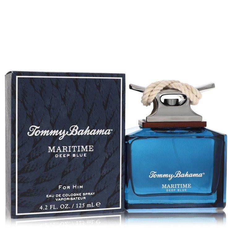 בושם Tommy Bahama Maritime Deep Blue - אדל קולון יוקרתי לגבר המשלב ברגמוט, ערער ועץ ארז בבקבוק כחול-נייבי עם עיטור חבל מוזהב.