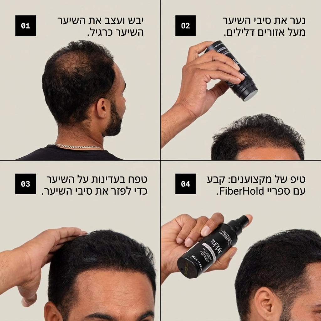 טופיק סיבי קרטין אורגניים למילוי שיער דליל וכיסוי התקרחות TOPPIK HAIR BUILDING FIBERS | מראה מלא ועשיר בצבע שחור לבן