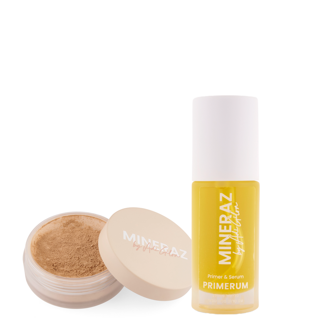 מארז צמד טיפוח של מינרז MINERAZ הכולל מייקאפ מינרלי מהדורה חדשה ופריימרום סרום להכנת העור