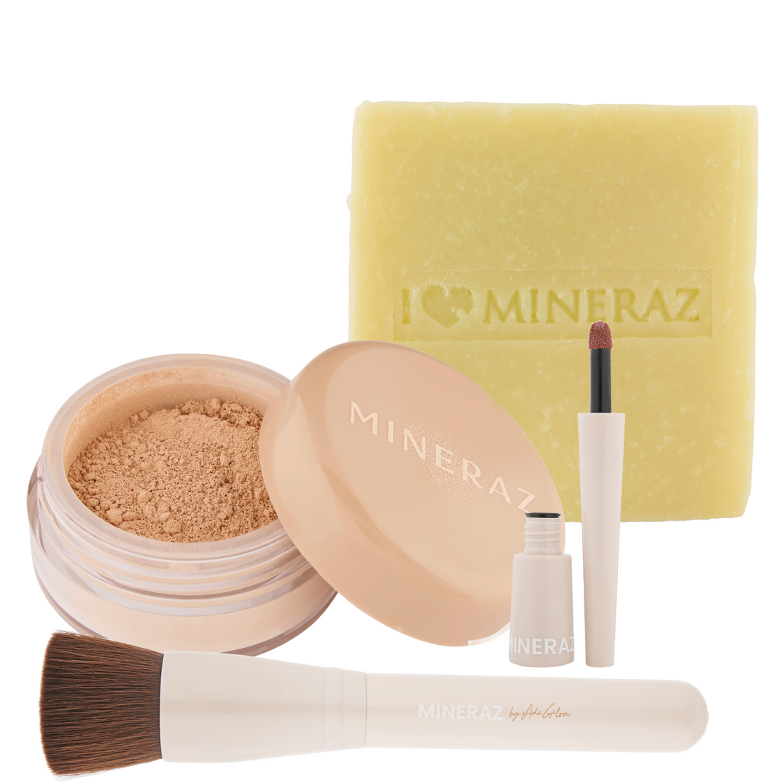 ערכת איפור וטיפול לעור אקנתי של מינרז MINERAZ הכוללת מייקאפ מינרלי סבון אבץ מברשת וטינט בתיק איפור