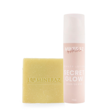 מארז טיפוח טבעי של מינרז MINERAZ הכולל קרם לחות Secret Glow וסבון אבץ ושמן עץ התה לניקוי וזוהר